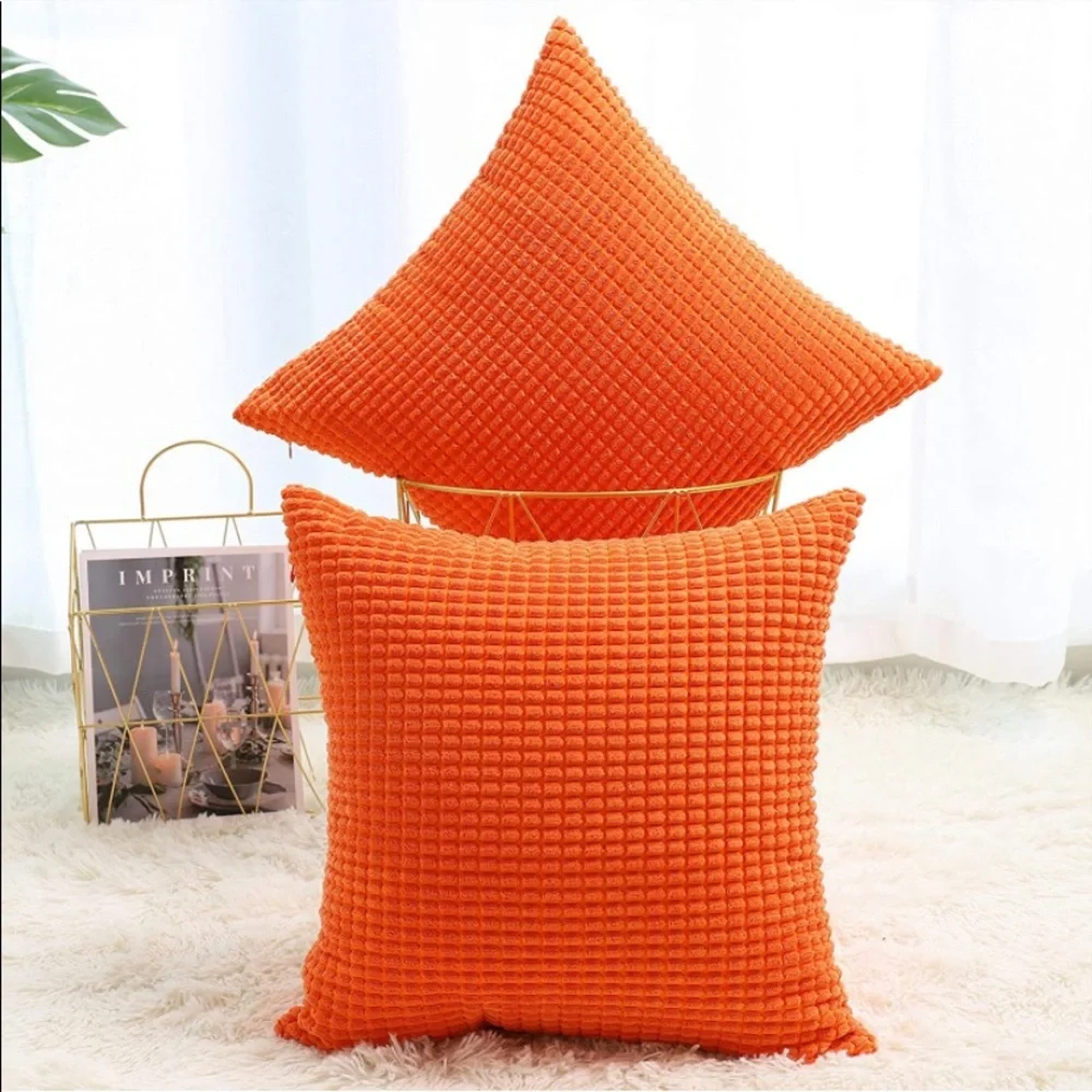 Luxury Home | Set of 2 Bright Orange Striped Soft Corduroy Throw Pillow Covers